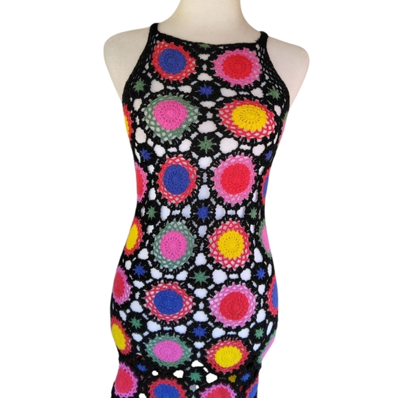 H&M X Coachella Granny Square Knit Bright Colorful Boho Cover Up Dress Size 4 - Picture 5 of 10